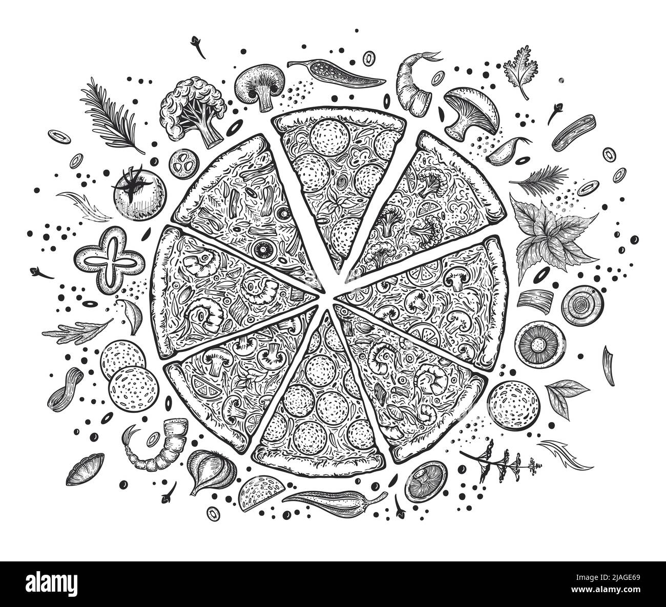 Pizza e ingredienti. Modello di menu pizzeria disegnato a mano. Set di prodotti della cucina italiana. Illustrazione vettoriale Illustrazione Vettoriale