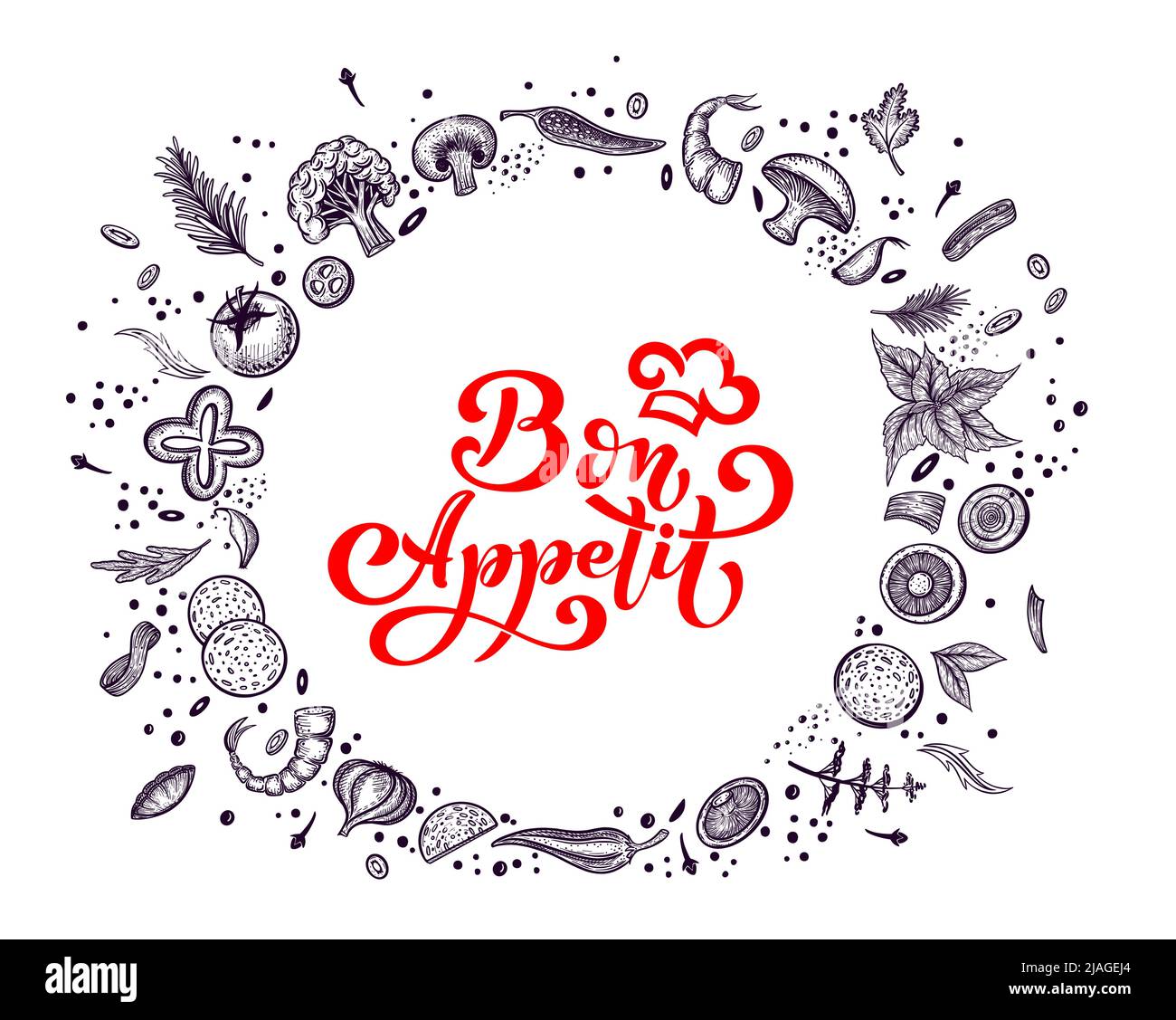 Ingredienti per la pizza. Inquadrare in un cerchio. Iscrizione Bon appetit. Modello di menu pizzeria disegnato a mano. Set di prodotti della cucina italiana. Illustrazione Vettoriale