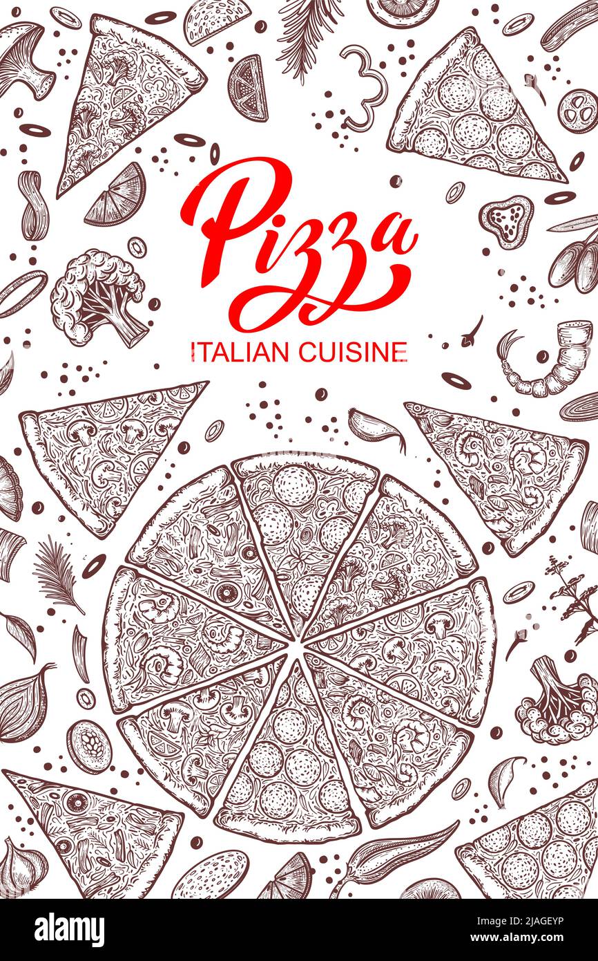 Pizza e ingredienti. Modello di menu pizzeria disegnato a mano. Set di prodotti della cucina italiana. Illustrazione vettoriale Illustrazione Vettoriale