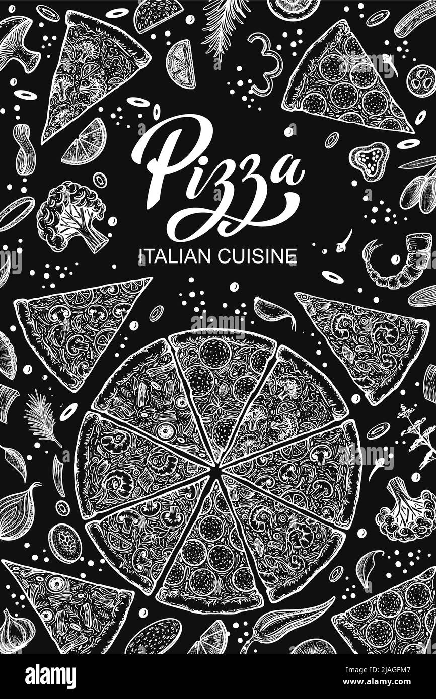 Pizza e ingredienti. Modello di menu pizzeria disegnato a mano. Set di prodotti della cucina italiana. Illustrazione vettoriale Illustrazione Vettoriale