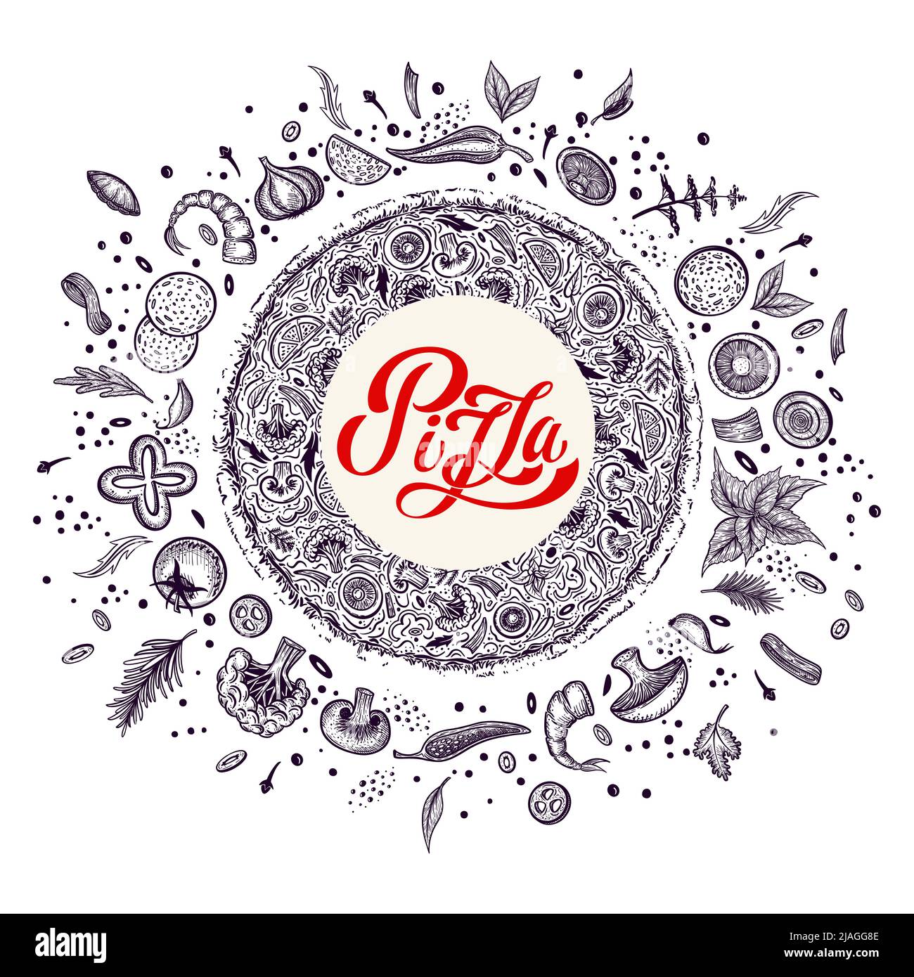 Pizza e ingredienti. Modello di menu pizzeria disegnato a mano. Set di prodotti della cucina italiana. Illustrazione vettoriale Illustrazione Vettoriale