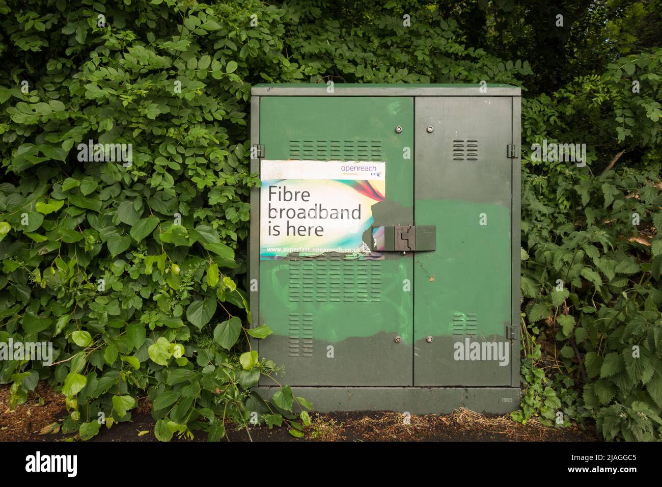 Un armadio per punti di distribuzione in fibra a banda larga BT OpenREACH rurale, Londra, Inghilterra, Regno Unito Foto Stock