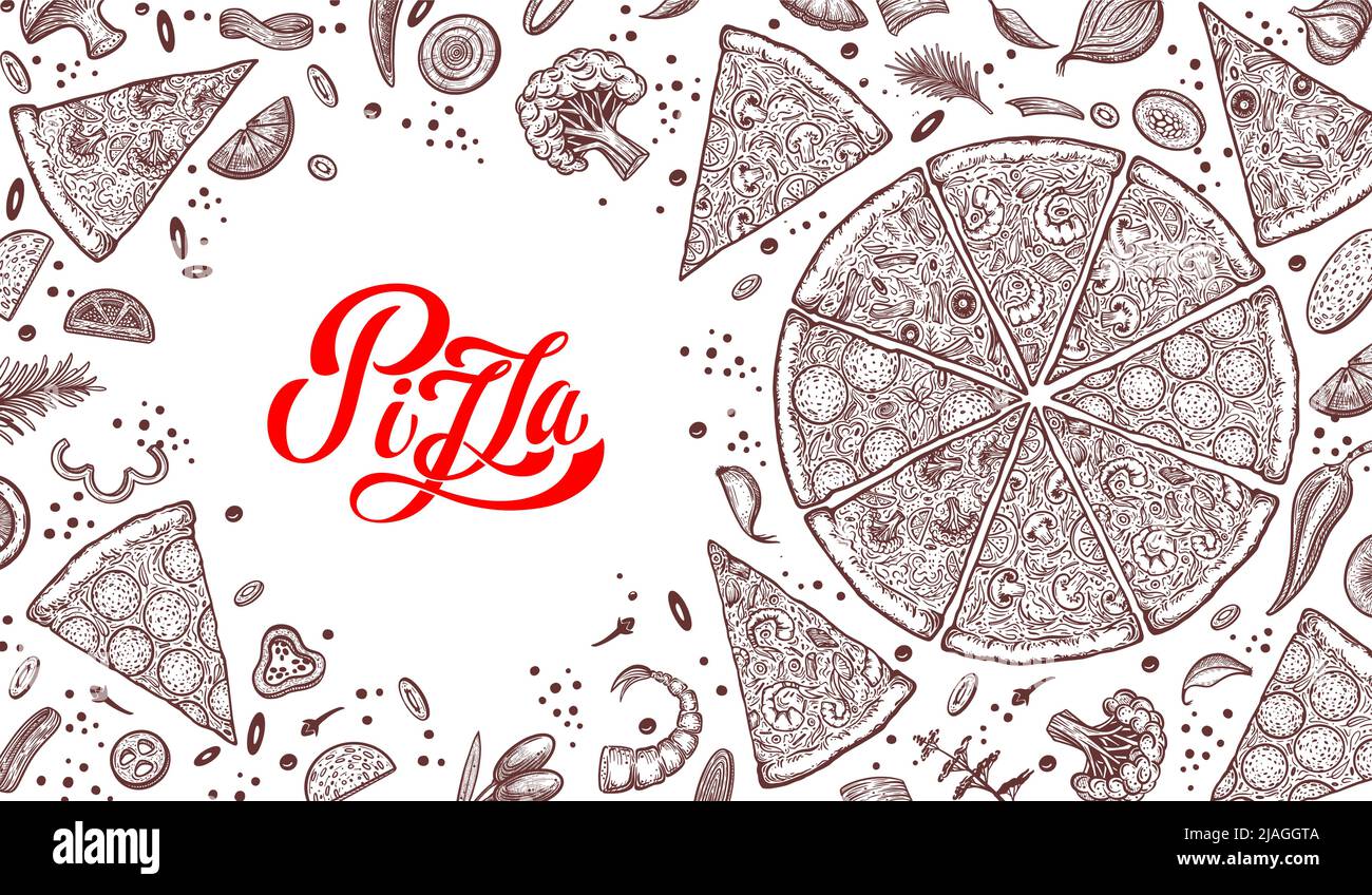 Pizza e ingredienti. Modello di menu pizzeria disegnato a mano. Set di prodotti della cucina italiana. Illustrazione vettoriale Illustrazione Vettoriale