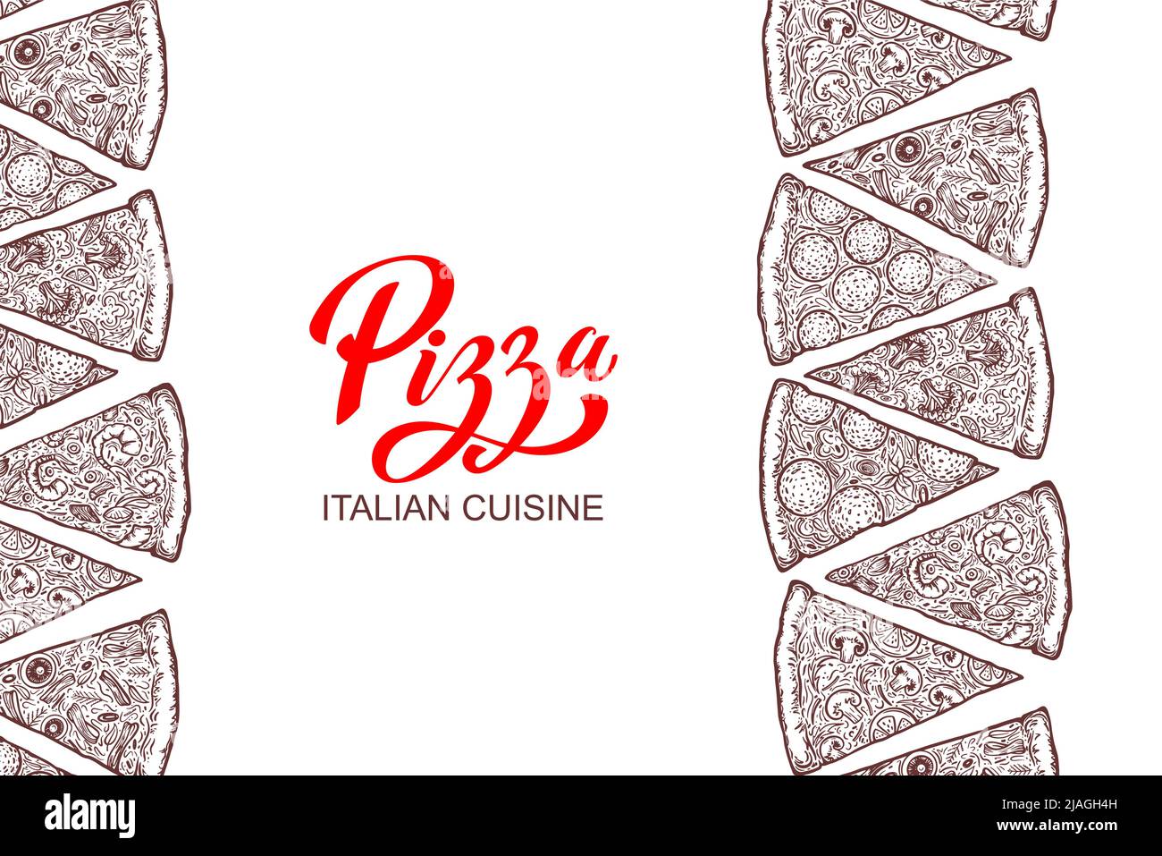 Modello di design per il menu gastronomico italiano. Modello di menu pizzeria disegnato a mano. Pezzi di pizza. Illustrazione vettoriale Illustrazione Vettoriale