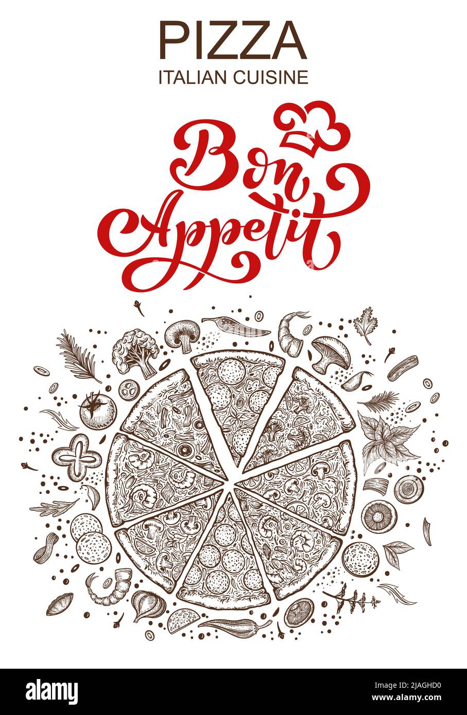 Pizza e ingredienti. Modello di menu pizzeria disegnato a mano. Set di prodotti della cucina italiana. Illustrazione vettoriale Illustrazione Vettoriale