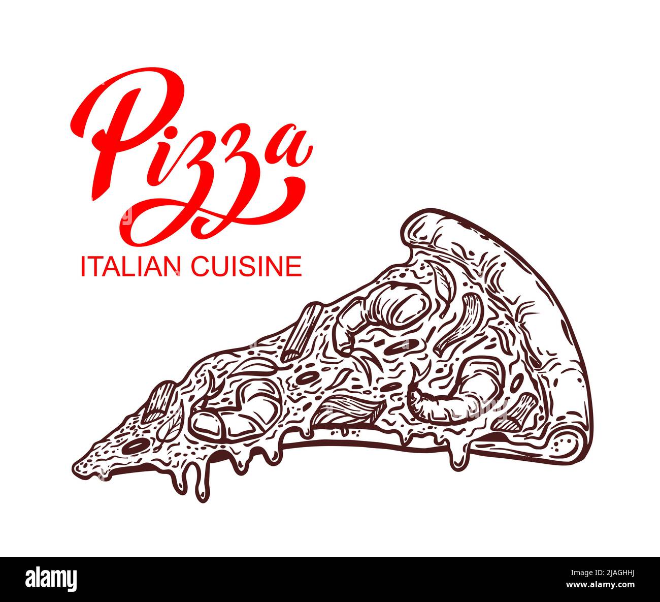 Un pezzo di pizza. Modello di design per il menu gastronomico italiano. Modello di menu pizzeria disegnato a mano. Illustrazione vettoriale. Illustrazione Vettoriale