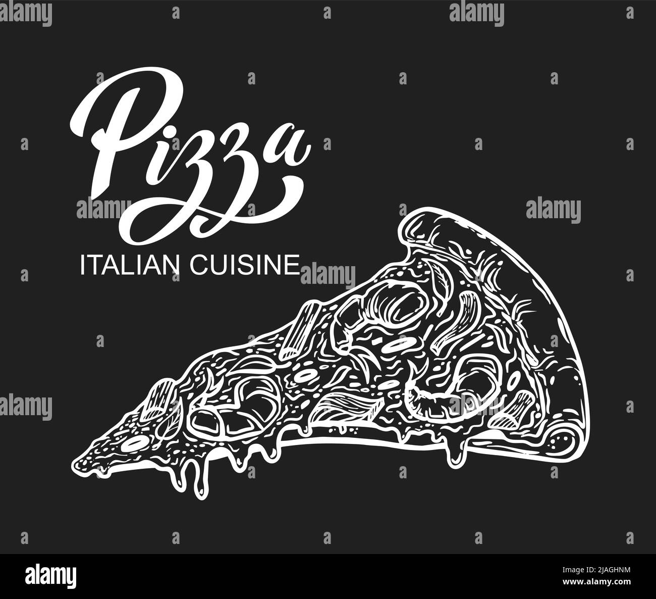 Un pezzo di pizza. Modello di design per il menu gastronomico italiano. Modello di menu pizzeria disegnato a mano. Illustrazione vettoriale. Illustrazione Vettoriale