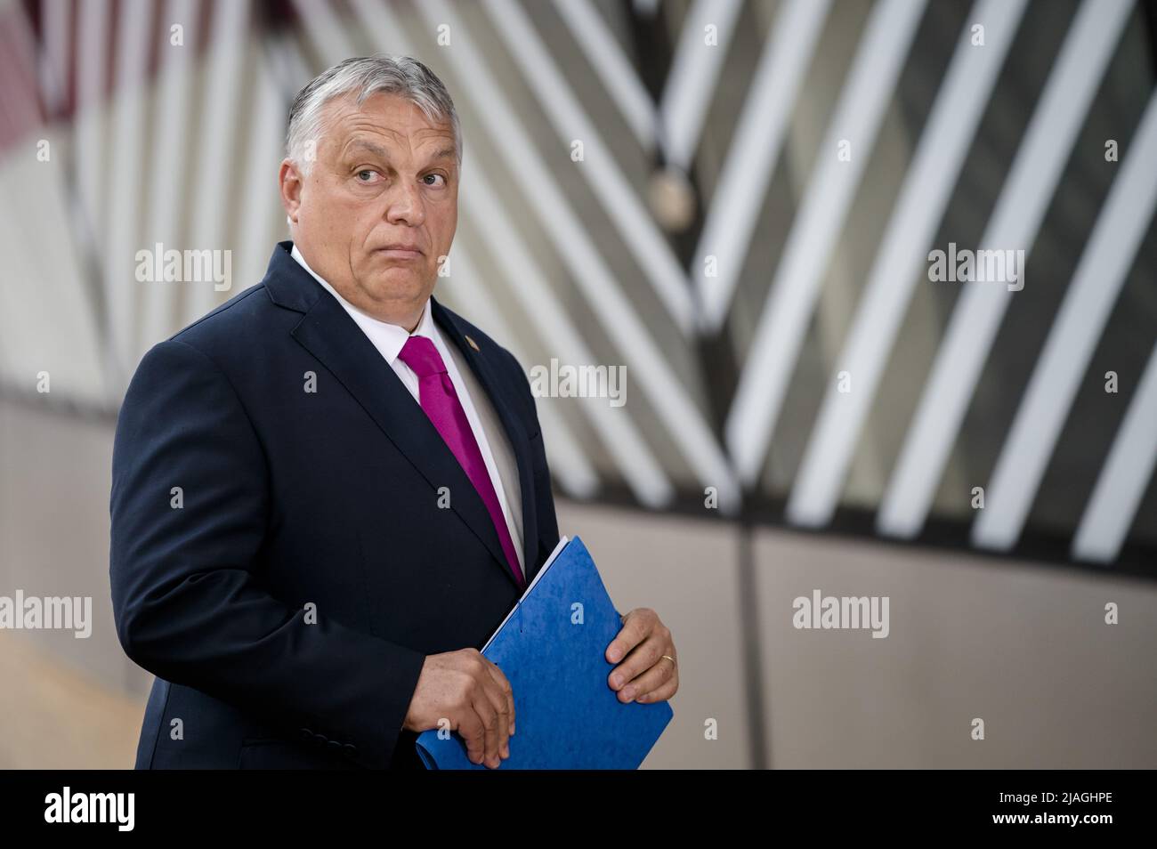 Bruxelles, Belgio, 2022-05-30 15:09:41 BRUXELLES - il primo ministro ungherese Viktor Orban si rivolge alla stampa in vista di un ulteriore vertice del Consiglio europeo di due giorni. I leader dei paesi dell'Unione europea stanno discutendo della crisi energetica e alimentare e delle lacune nella difesa europea. Essi cercano anche una via d'uscita dalla situazione di stallo per un embargo sul petrolio russo. ANP BART MAAT uscita paesi bassi - uscita belgio Foto Stock