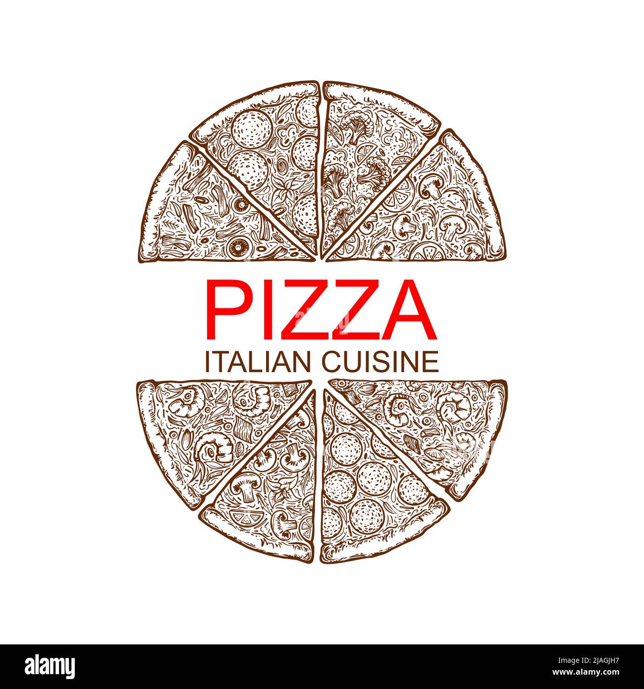 Pizza tagliata a pezzi. Modello di design per il menu gastronomico italiano. Modello di menu pizzeria disegnato a mano. Illustrazione vettoriale. Illustrazione Vettoriale