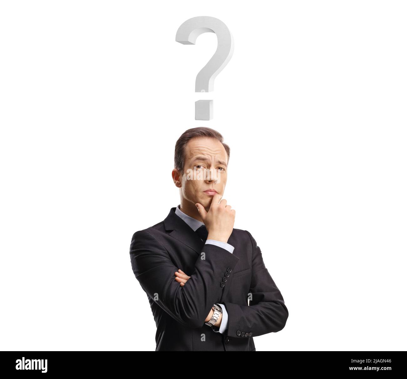 Uomo d'affari pensivo con un punto interrogativo sopra la sua testa isolato su sfondo bianco Foto Stock