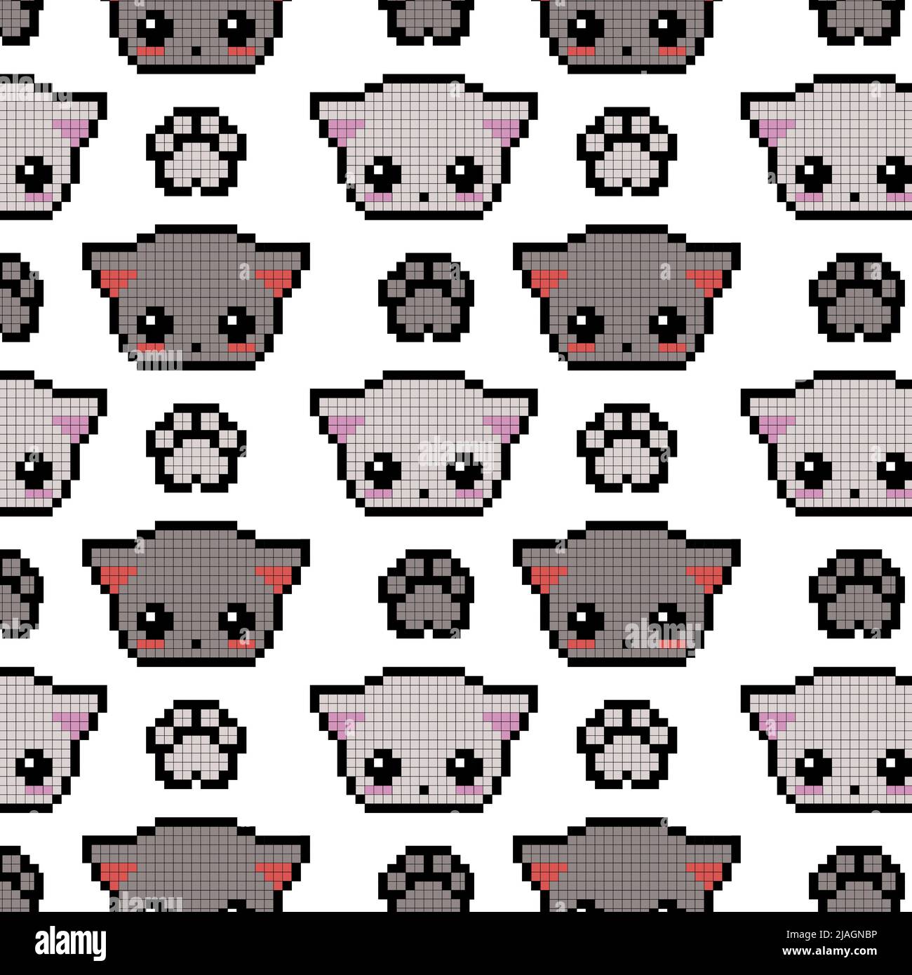 Cute 8 bit pixel gatti su sfondo bianco. Modello senza interruzioni. Divertente illustrazione vettoriale infantile per carta da parati, imballaggio, striscioni, inviti Illustrazione Vettoriale