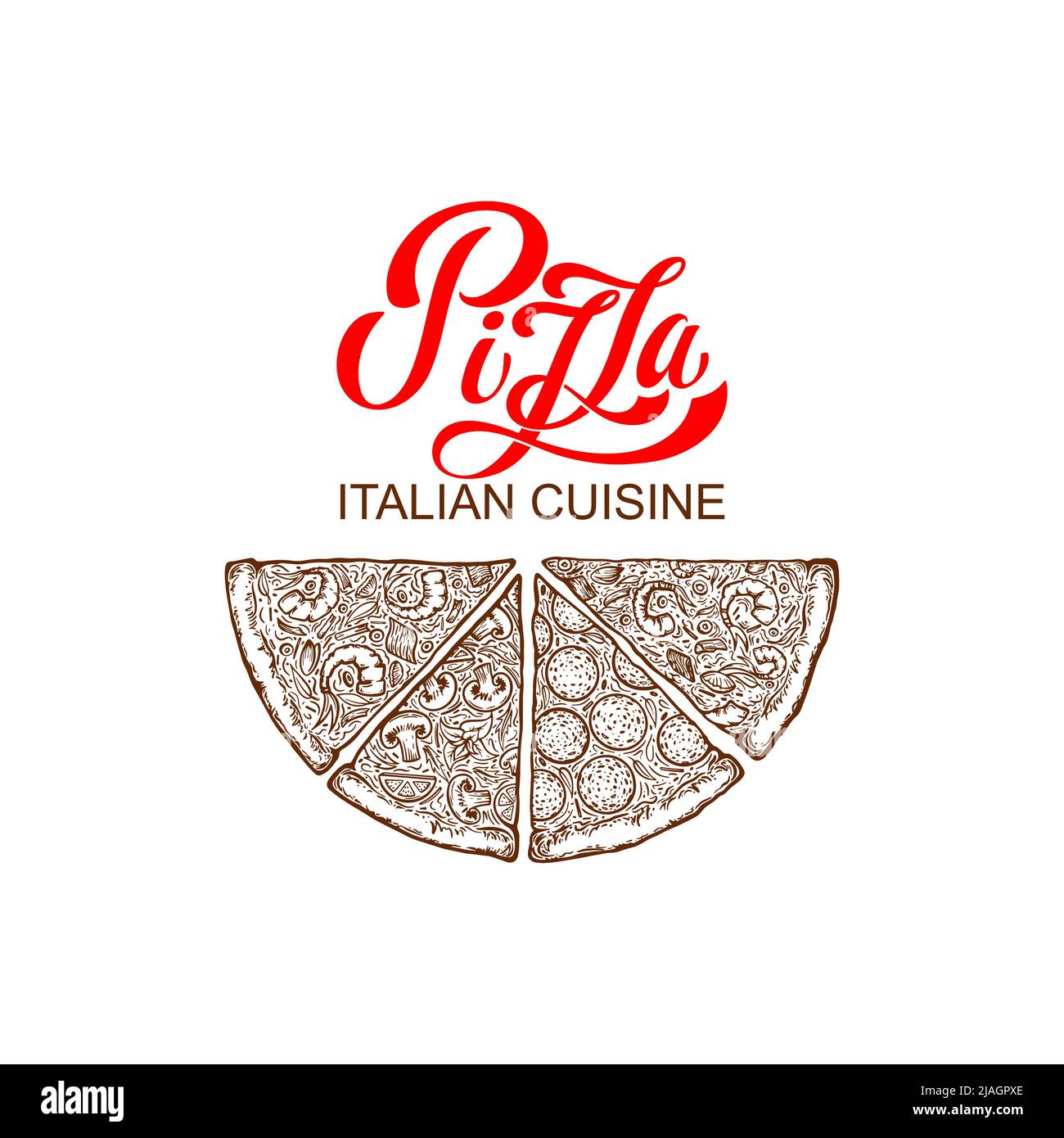 Pizza tagliata a pezzi. Modello di design per il menu gastronomico italiano. Modello di menu pizzeria disegnato a mano. Illustrazione vettoriale. Illustrazione Vettoriale