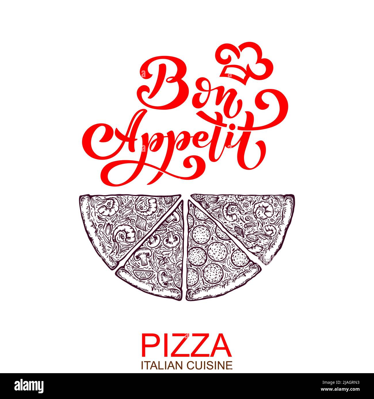 Pizza tagliata a pezzi. Modello di design per il menu gastronomico italiano. Modello di menu pizzeria disegnato a mano. Illustrazione vettoriale. Illustrazione Vettoriale