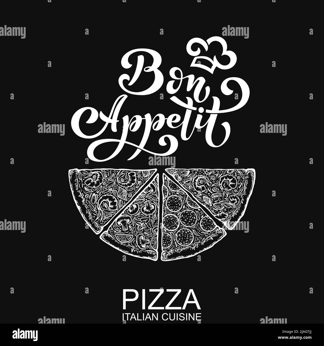 Pizza tagliata a pezzi. Modello di design per il menu gastronomico italiano. Modello di menu pizzeria disegnato a mano. Illustrazione vettoriale. Illustrazione Vettoriale