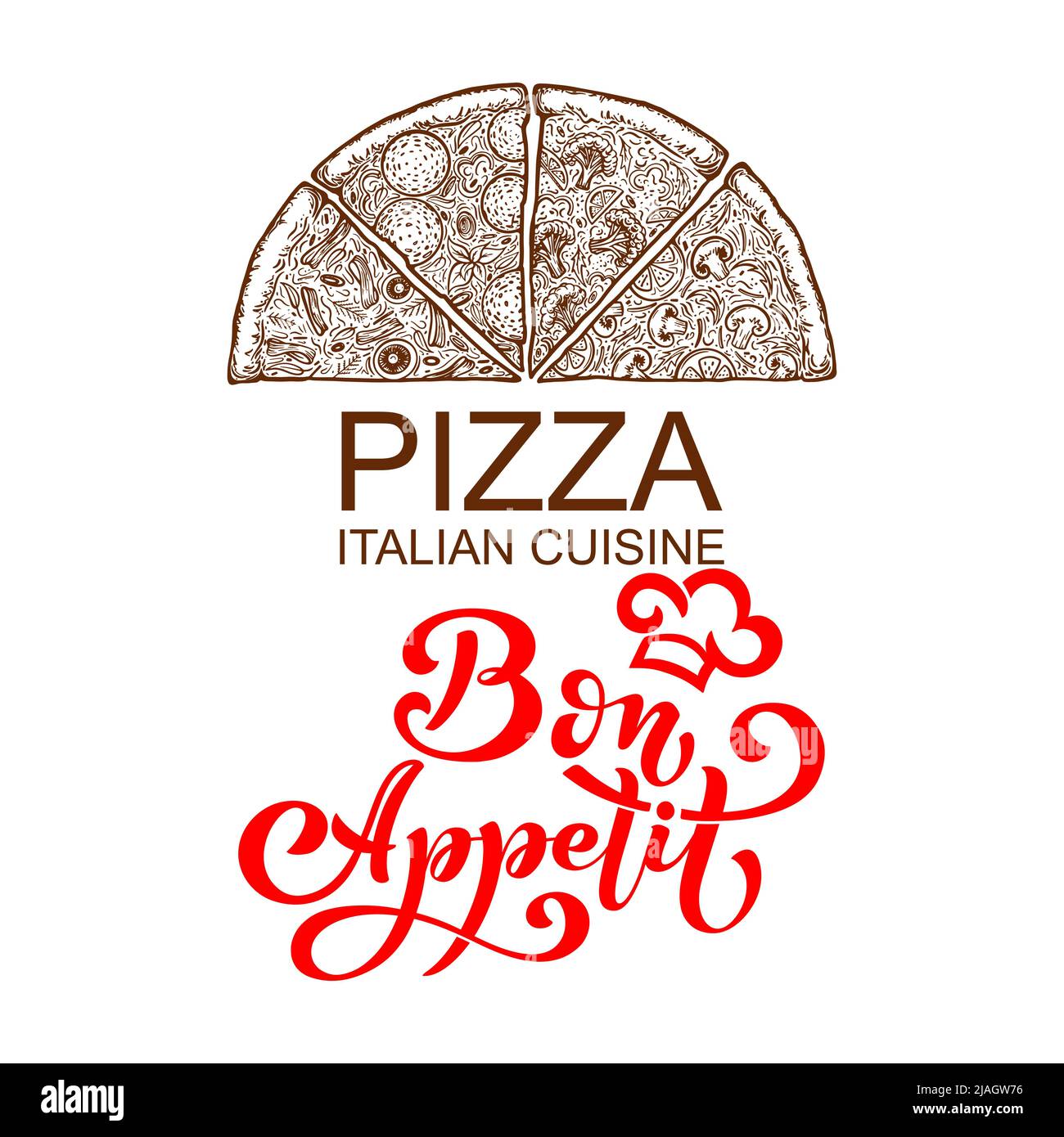 Pizza tagliata a pezzi. Modello di design per il menu gastronomico italiano. Modello di menu pizzeria disegnato a mano. Illustrazione vettoriale. Illustrazione Vettoriale