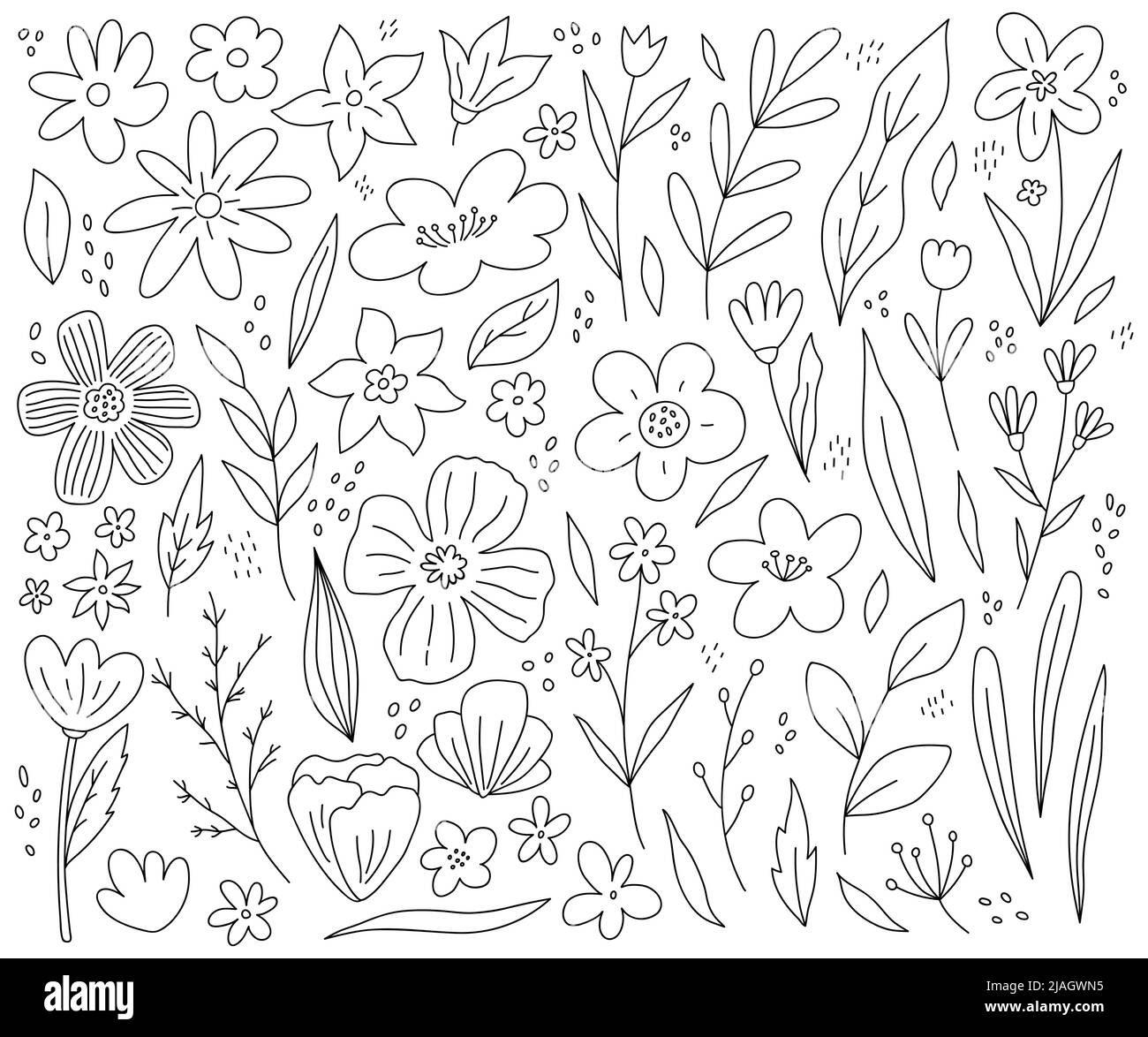 Grande set di fiori primaverili, ramoscelli e foglie isolati su sfondo bianco. Illustrazione vettoriale disegnata a mano in stile doodle. Perfetto per carte, decorazioni, disegni vari. Elementi di clipart botaniche. Illustrazione Vettoriale