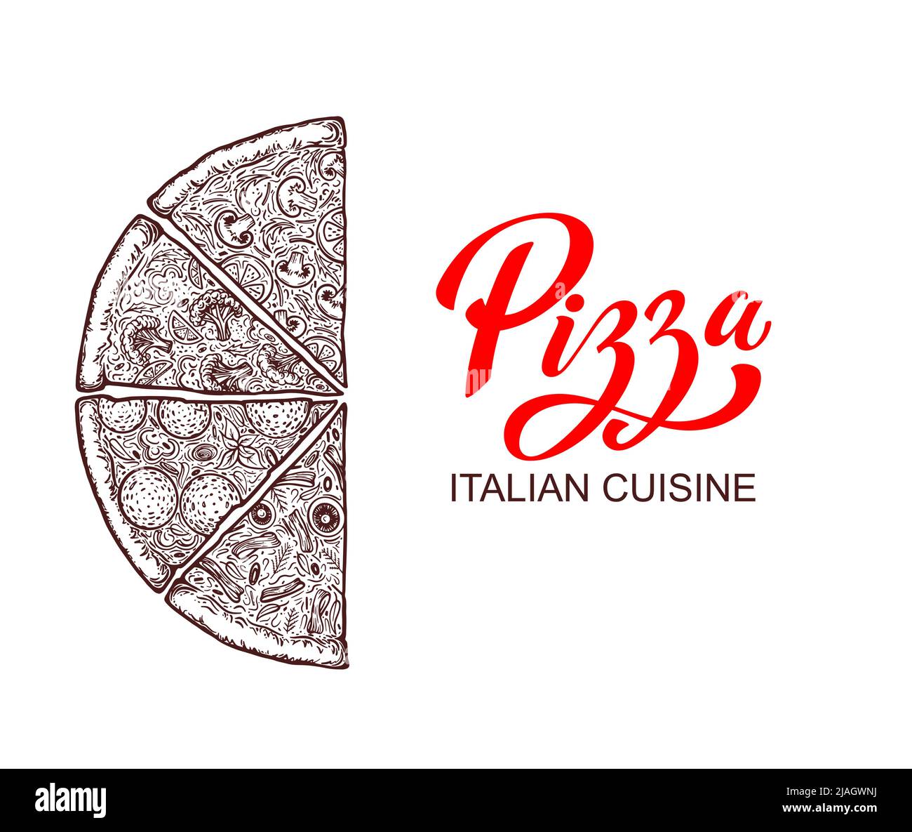 Pizza tagliata a pezzi. Modello di design per il menu gastronomico italiano. Modello di menu pizzeria disegnato a mano. Illustrazione vettoriale. Illustrazione Vettoriale