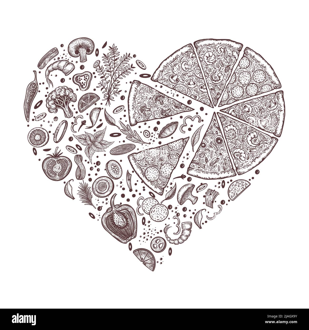 Pizza a forma di cuore. Pizza e ingredienti. Modello di design per il menu gastronomico italiano. Modello di menu pizzeria disegnato a mano. Illustrazione vettoriale Illustrazione Vettoriale