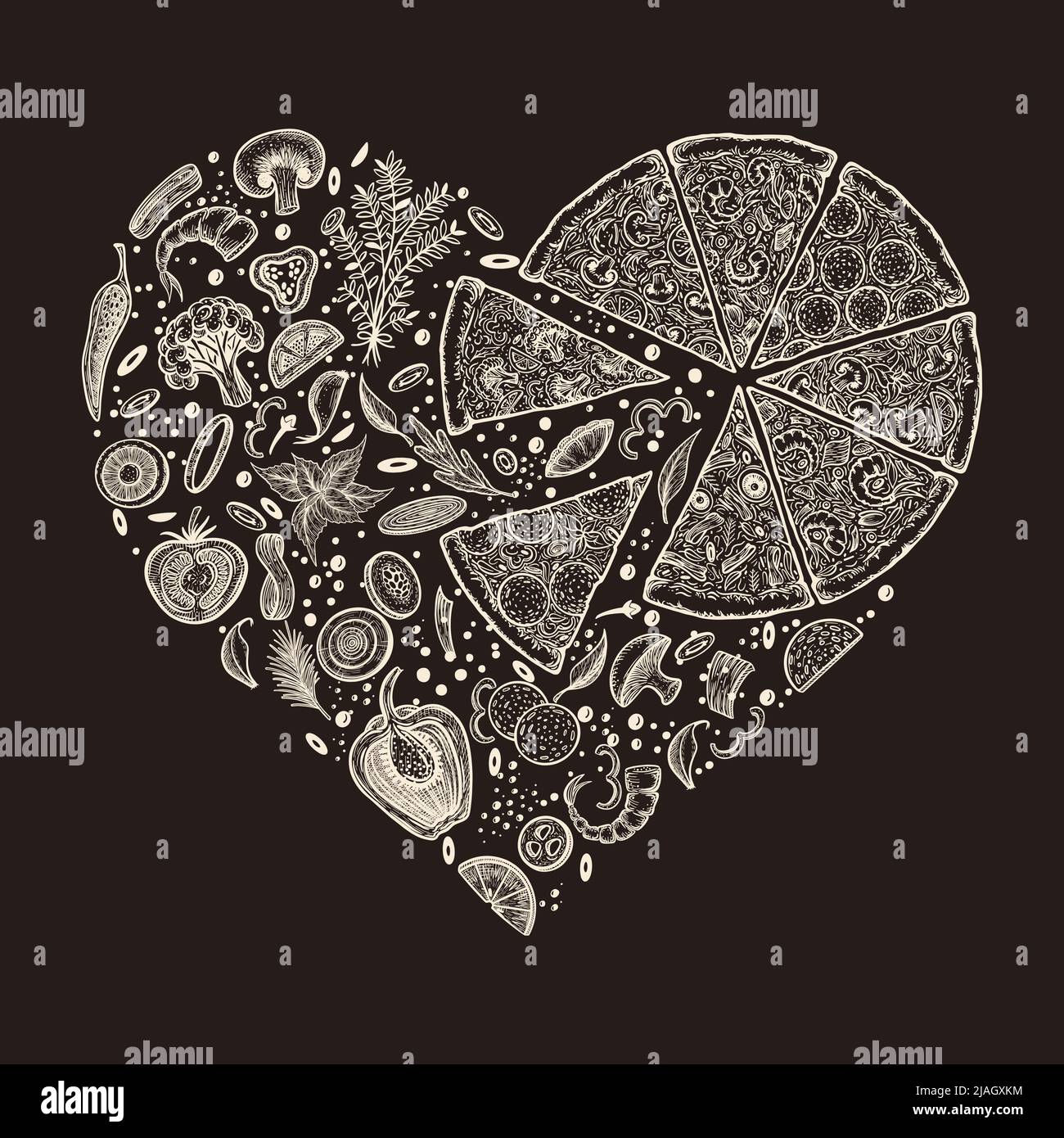 Pizza a forma di cuore. Pizza e ingredienti. Modello di design per il menu gastronomico italiano. Modello di menu pizzeria disegnato a mano. Illustrazione vettoriale Illustrazione Vettoriale