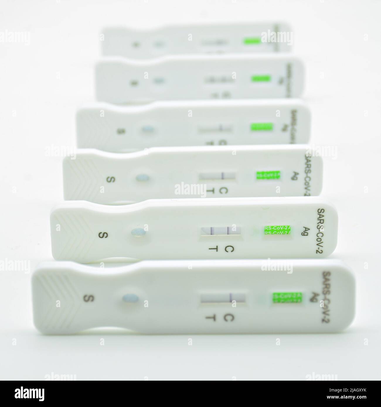 Varios test de antígenos pustos en fila, destinacando uno, que es positivo, aislado en blanco Foto Stock
