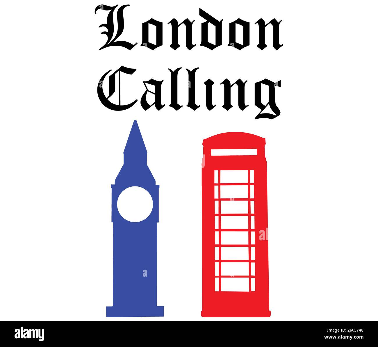 Illustrazione raffigurante una British Telephone Box e Big ben e la loro associazione con "London Calling". Foto Stock