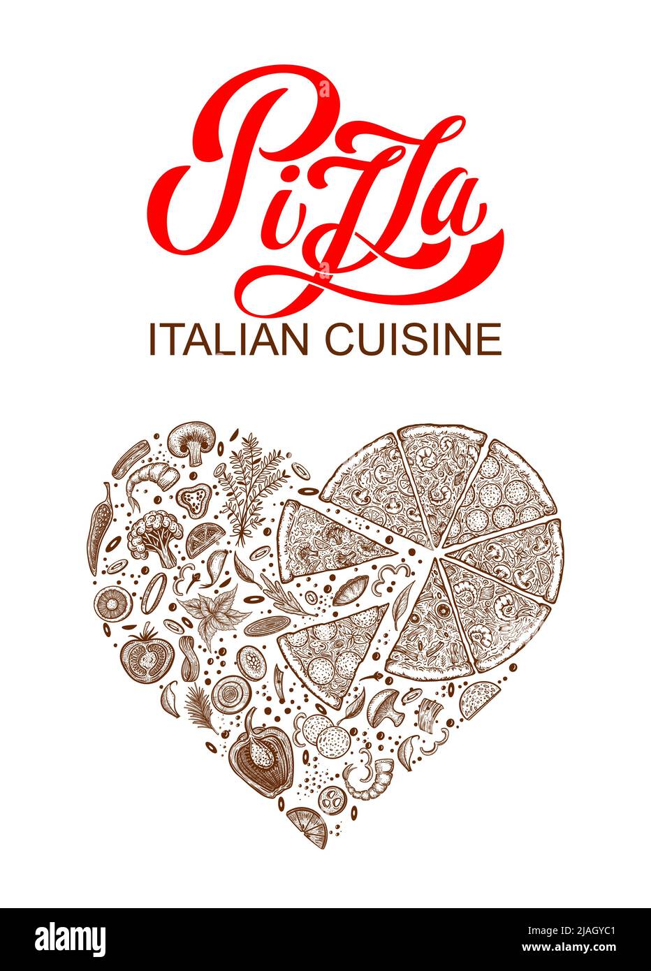 Pizza a forma di cuore. Pizza e ingredienti. Modello di design per il menu gastronomico italiano. Modello di menu pizzeria disegnato a mano. Illustrazione vettoriale Illustrazione Vettoriale
