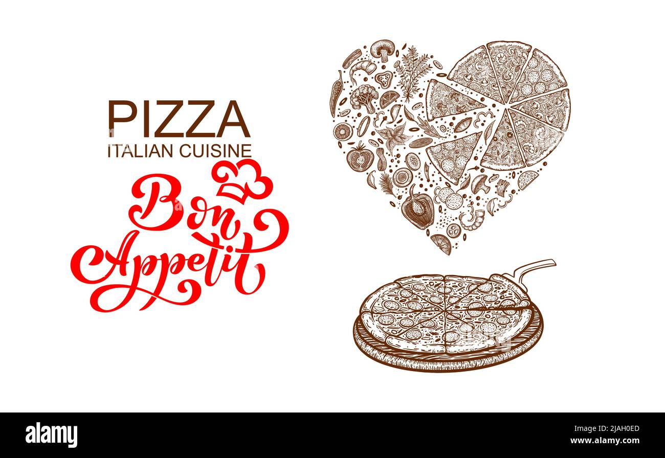Pizza a forma di cuore. Pizza e ingredienti. Modello di design per il menu gastronomico italiano. Modello di menu pizzeria disegnato a mano. Illustrazione vettoriale Illustrazione Vettoriale