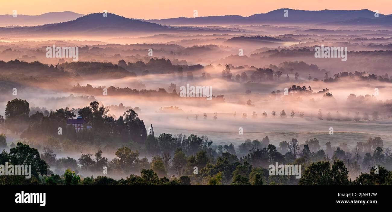 Misty Valley al mattino presto nella contea di Albemarle, Virginia, a fine primavera. Foto Stock
