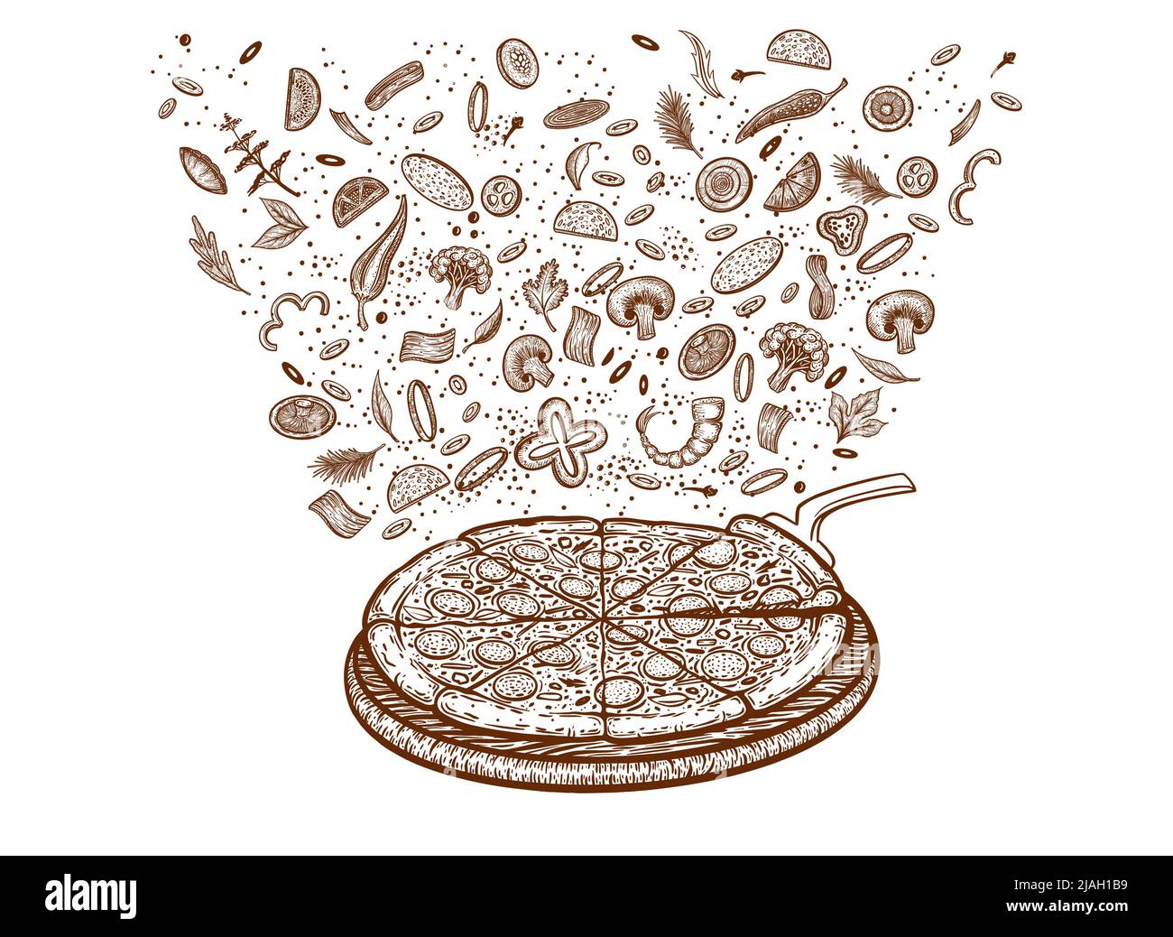 Pizza e ingredienti. Modello di menu pizzeria disegnato a mano. Set di prodotti della cucina italiana. Illustrazione vettoriale Illustrazione Vettoriale