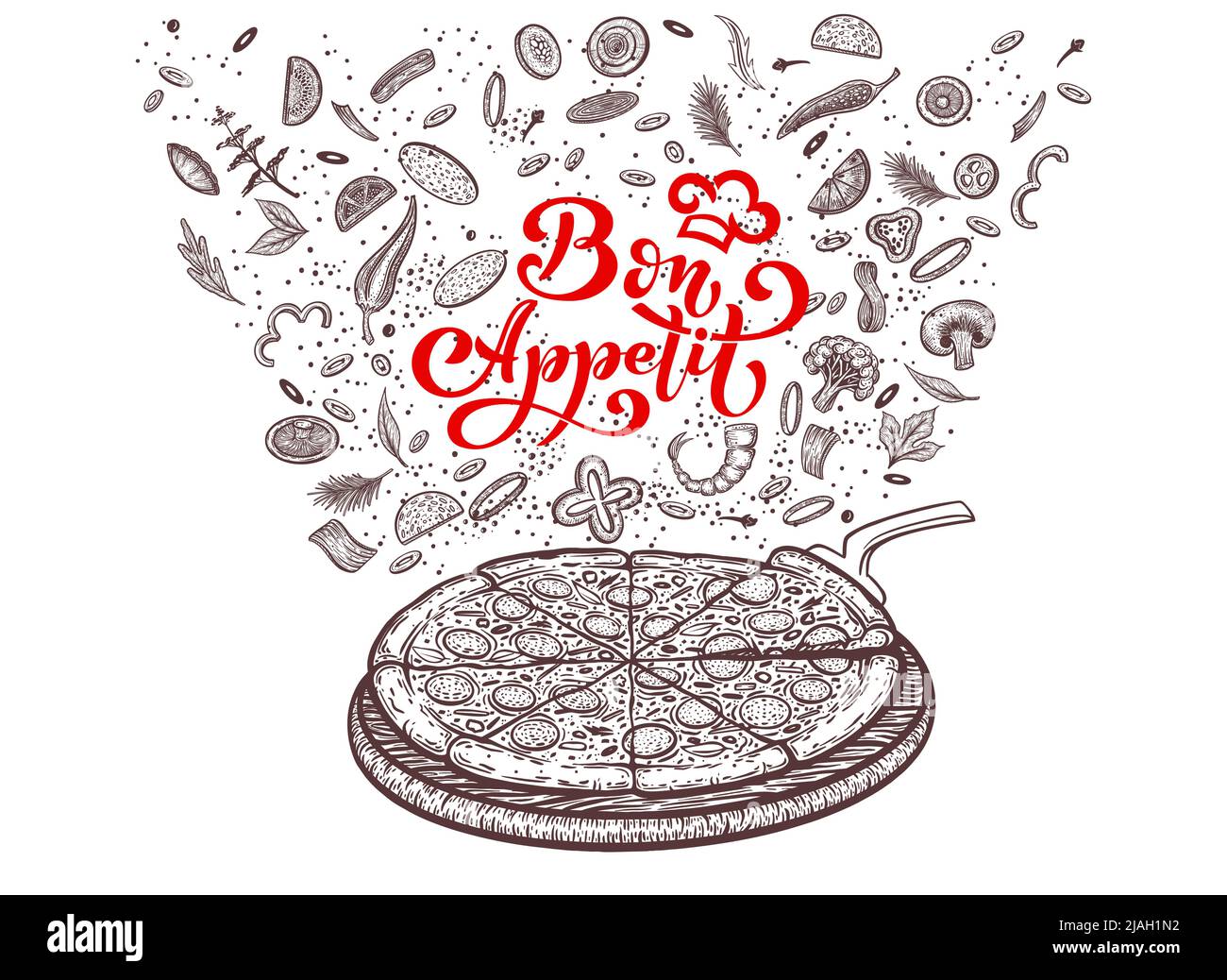 Pizza e ingredienti. Modello di menu pizzeria disegnato a mano. Set di prodotti della cucina italiana. Illustrazione vettoriale Illustrazione Vettoriale