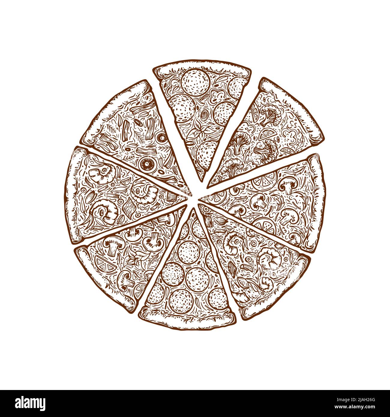 Modello per pizza disegnato a mano. Modello di design per il menu gastronomico italiano. Modello di menu pizzeria disegnato a mano. Illustrazione vettoriale. Illustrazione Vettoriale