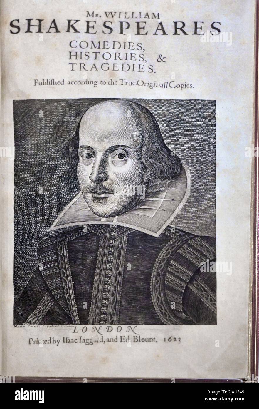 Title page con ritratto della prima Folio di Shakespeare nella collezione della Biblioteca pubblica di New York, in mostra presso il ramo principale su 5th Avenue i Foto Stock