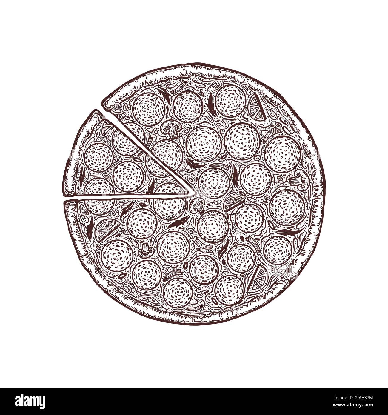 Modello per pizza disegnato a mano. Modello di design per il menu gastronomico italiano. Modello di menu pizzeria disegnato a mano. Illustrazione vettoriale. Illustrazione Vettoriale