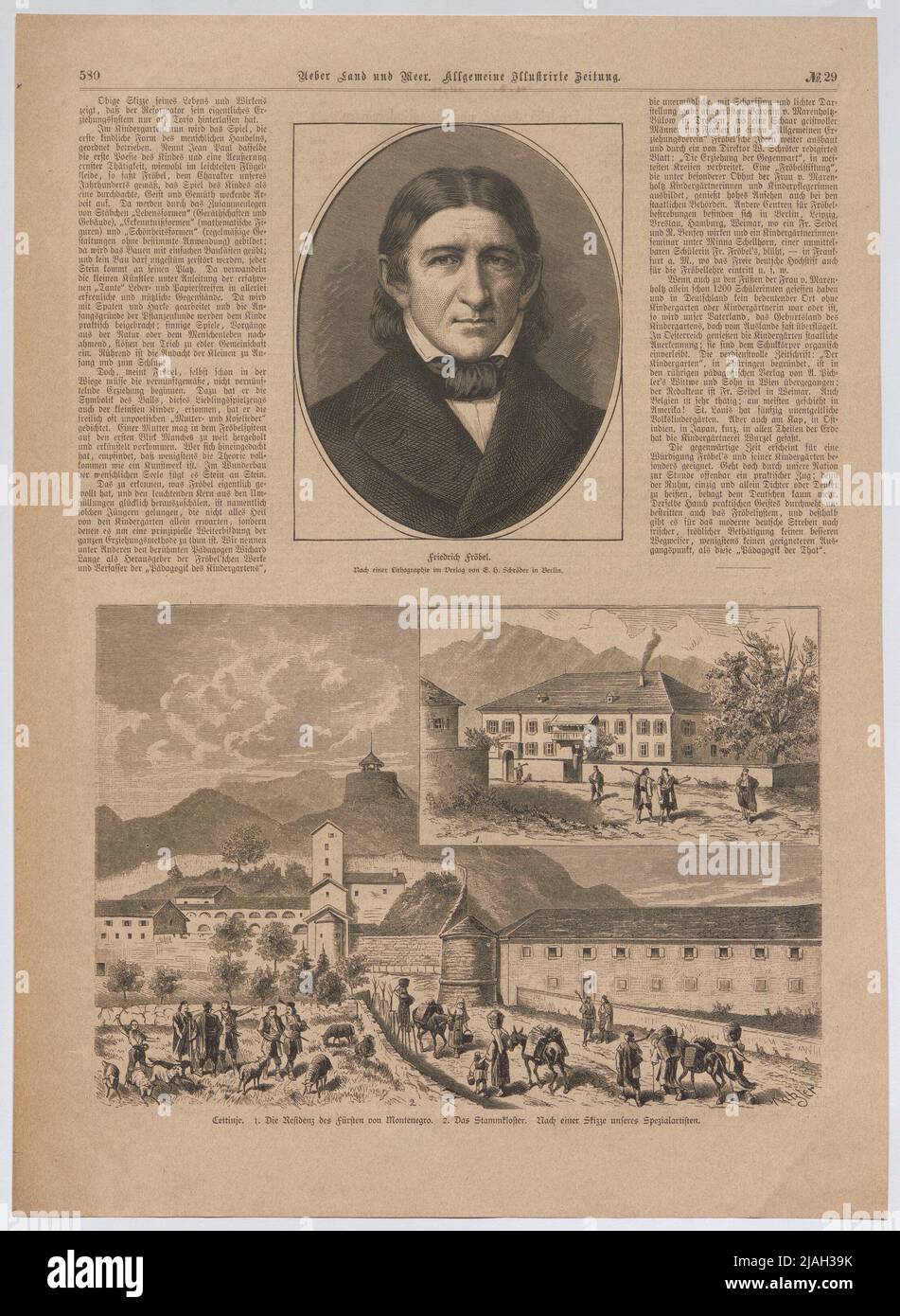 Friedrich Fröbel; Cettinje. 1. La residenza del principe del Montenegro 2. Il monastero regolare '. Friedrich Fröbel, pedagoga tedesca; Cettinje, residenza del principe del Montenegro, il monastero regolare (da 'circa terra e mare. Generale Illustrirte Zeitung '). Vinzenz Katzler (1823-1882 ), Xylographer Foto Stock