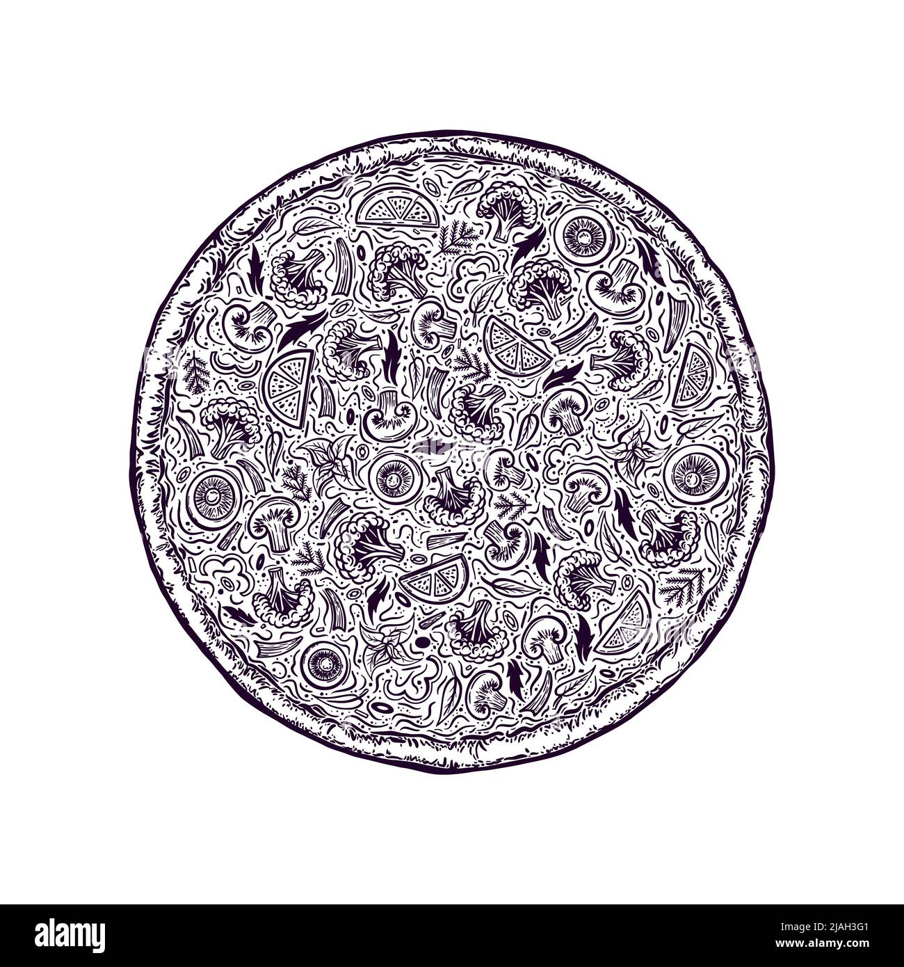 Modello per pizza disegnato a mano. Modello di design per il menu gastronomico italiano. Modello di menu pizzeria disegnato a mano. Illustrazione vettoriale. Illustrazione Vettoriale