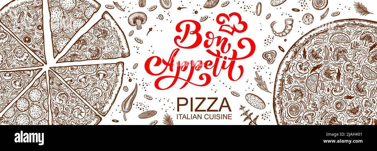 Ingredienti per la pizza. Inquadrare in un cerchio. Iscrizione Bon appetit. Modello di menu pizzeria disegnato a mano. Set di prodotti della cucina italiana. Illustrazione Vettoriale