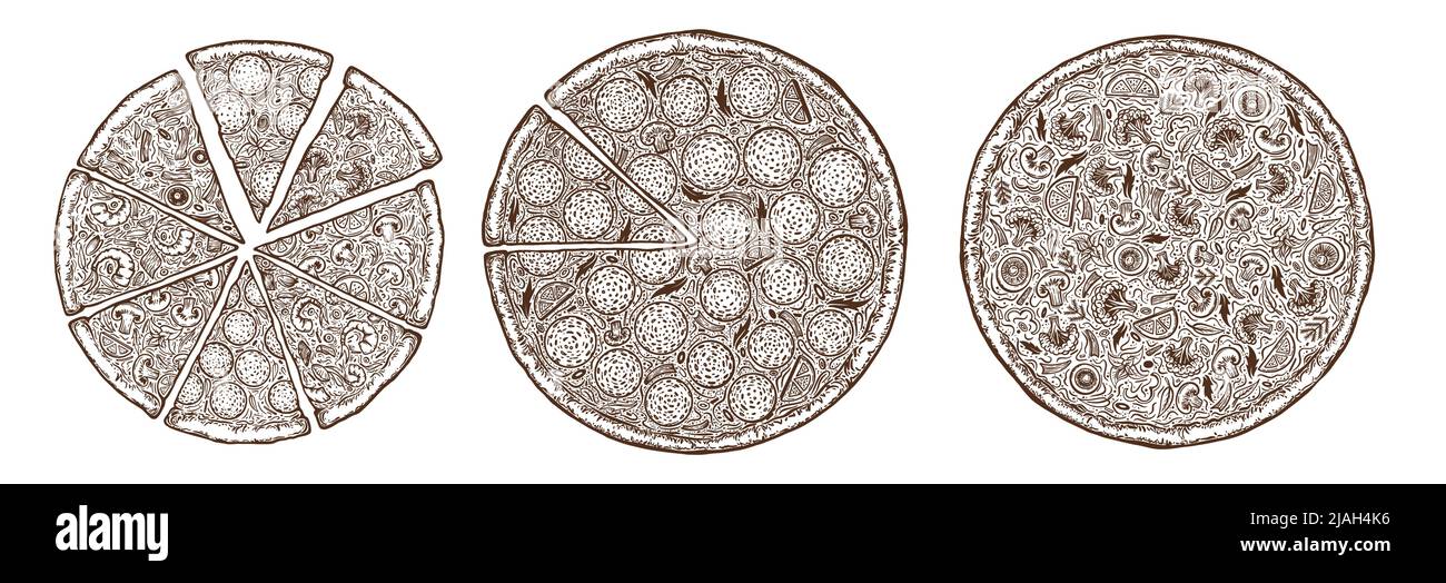 Modello per pizza disegnato a mano. Modello di design per il menu gastronomico italiano. Modello di menu pizzeria disegnato a mano. Illustrazione vettoriale. Illustrazione Vettoriale