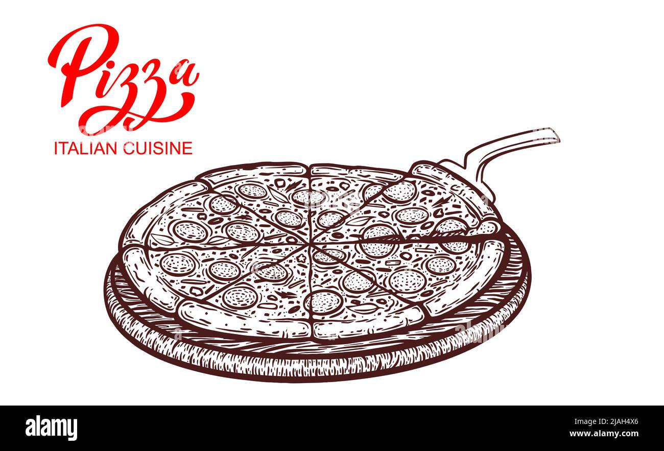 Modello per pizza disegnato a mano. Modello di design per il menu gastronomico italiano. Modello di menu pizzeria disegnato a mano. Illustrazione vettoriale. Illustrazione Vettoriale