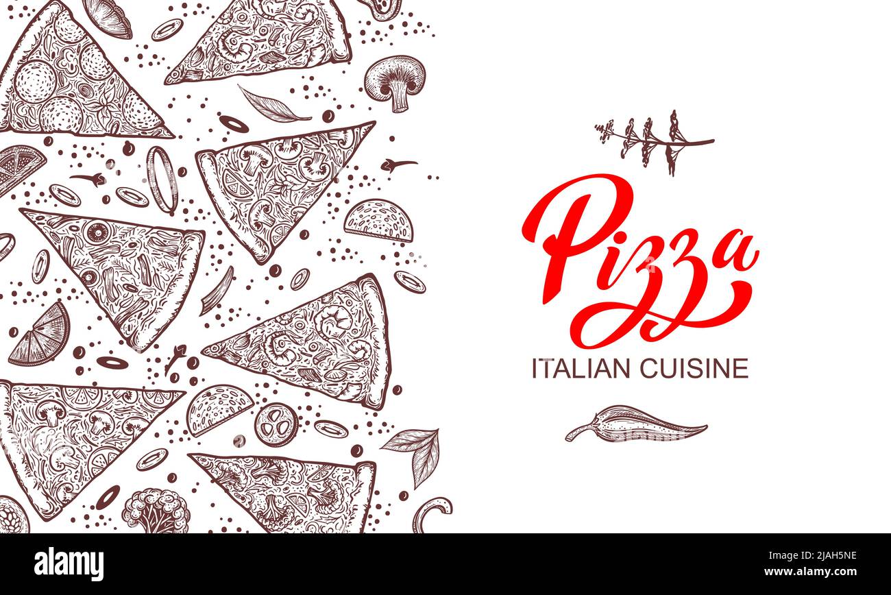 Pizza e ingredienti. Modello di menu pizzeria disegnato a mano. Set di prodotti della cucina italiana. Illustrazione vettoriale Illustrazione Vettoriale