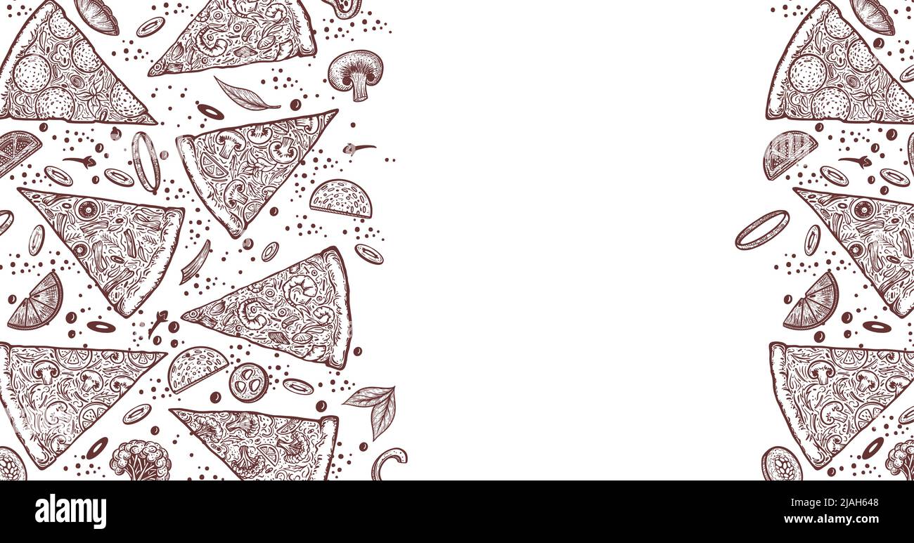 Pizza e ingredienti. Modello di menu pizzeria disegnato a mano. Set di prodotti della cucina italiana. Illustrazione vettoriale Illustrazione Vettoriale