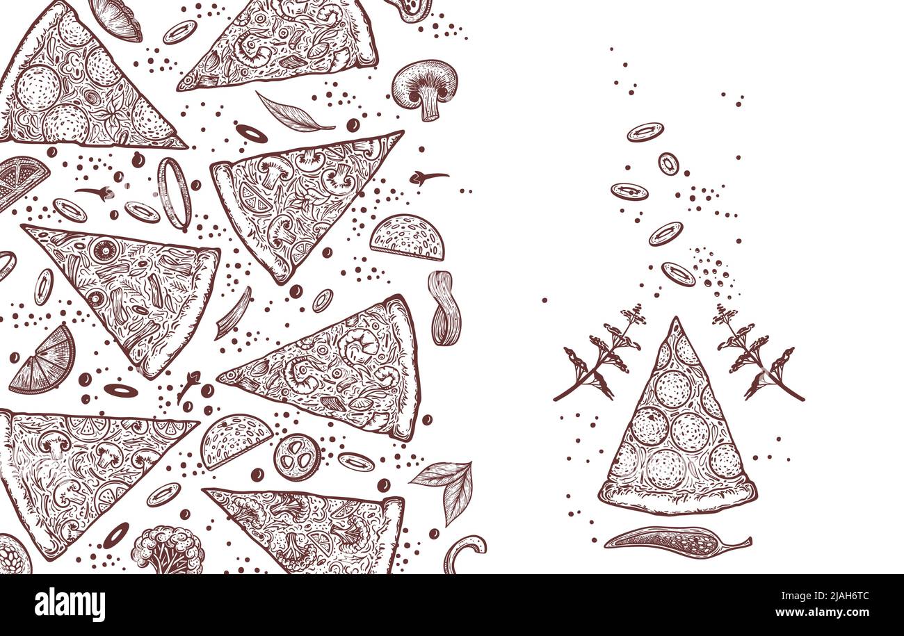 Pizza e ingredienti. Modello di menu pizzeria disegnato a mano. Set di prodotti della cucina italiana. Illustrazione vettoriale Illustrazione Vettoriale