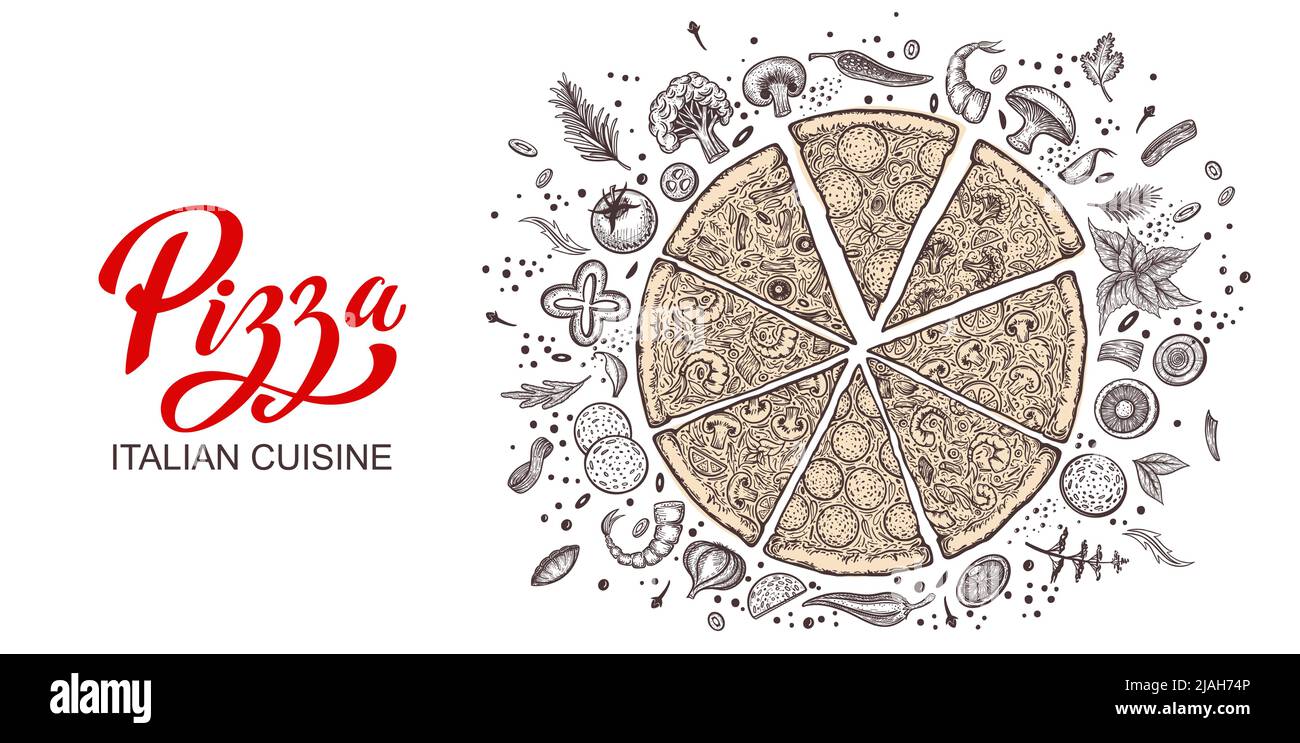 Pizza e ingredienti. Modello di menu pizzeria disegnato a mano. Set di prodotti della cucina italiana. Illustrazione vettoriale Illustrazione Vettoriale