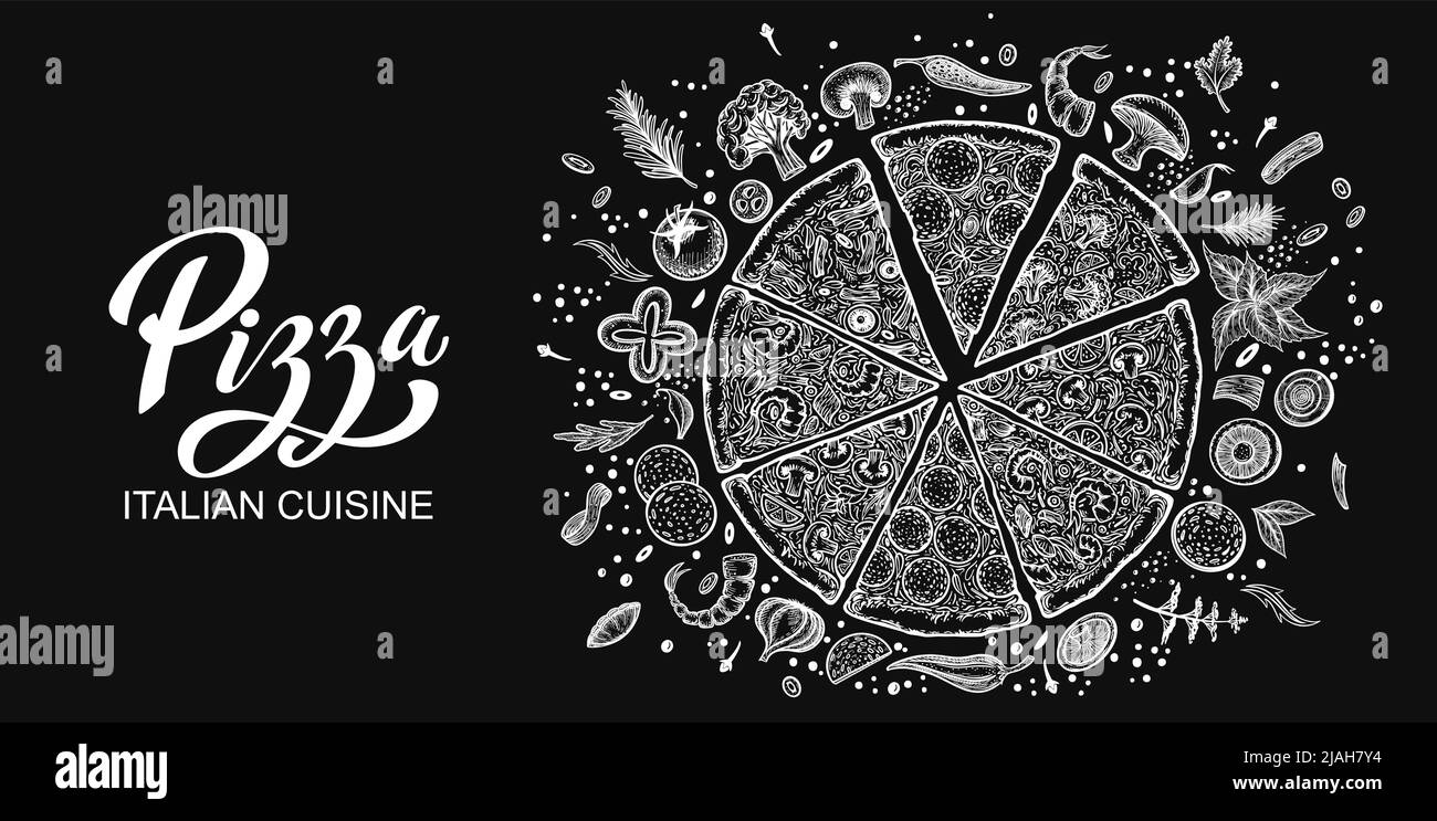 Pizza e ingredienti. Modello di menu pizzeria disegnato a mano. Set di prodotti della cucina italiana. Illustrazione vettoriale Illustrazione Vettoriale
