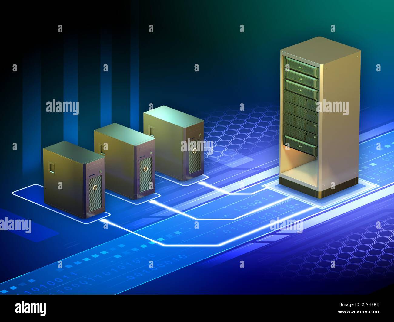 Alcune workstation si collegano a un server. Illustrazione digitale. Foto Stock