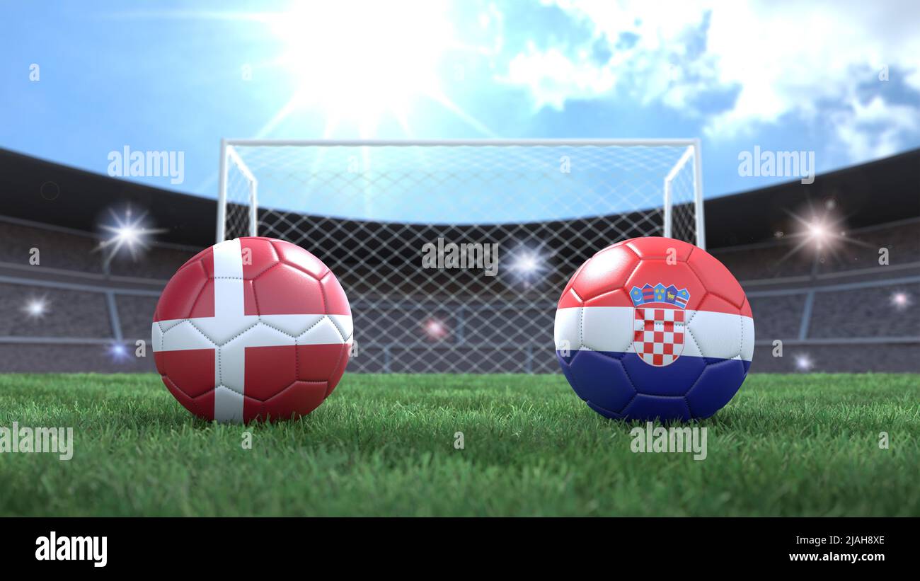 Due palline da calcio nei colori delle bandiere sullo sfondo sfocato dello stadio. Danimarca e Croazia. immagine 3d Foto Stock
