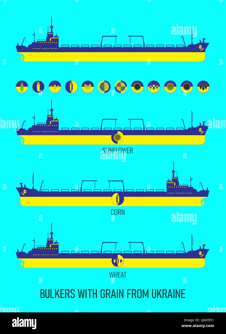 Serie di icone di navi da carico secche per il trasporto di cereali alla rinfusa e icone di grano, mais, girasole nei colori della bandiera Ucraina. Costruttore f Foto Stock