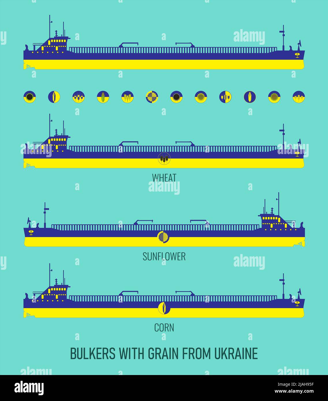 Serie di icone di navi da carico secche per il trasporto di cereali alla rinfusa e icone di grano, mais, girasole nei colori della bandiera Ucraina. Costruttore f Foto Stock