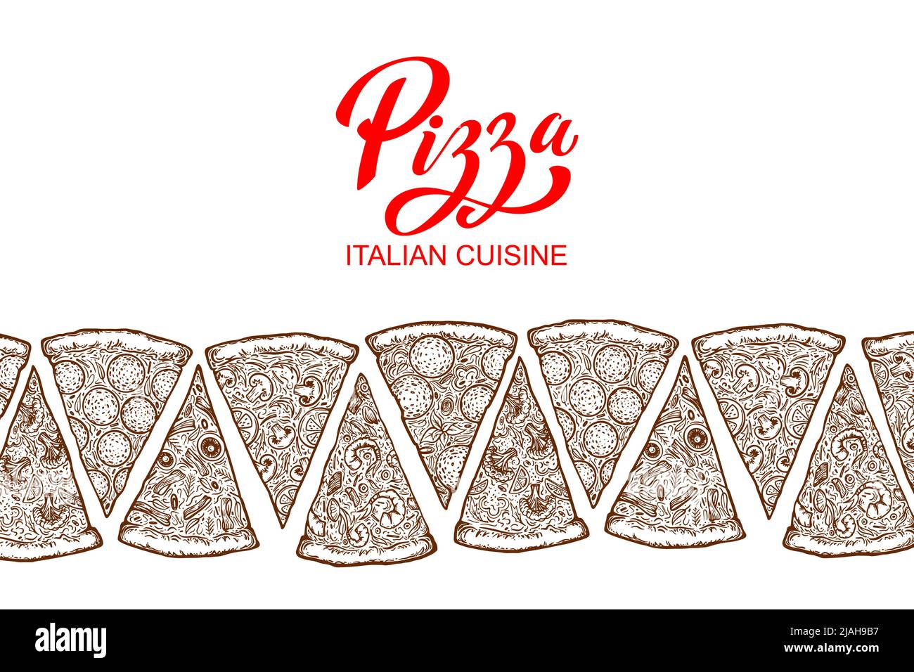 Modello di design per il menu gastronomico italiano. Modello di menu pizzeria disegnato a mano. Pezzi di pizza. Illustrazione vettoriale Illustrazione Vettoriale