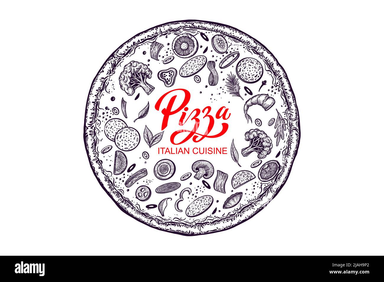 Pizza e ingredienti. Modello di menu pizzeria disegnato a mano. Set di prodotti della cucina italiana. Illustrazione vettoriale Illustrazione Vettoriale