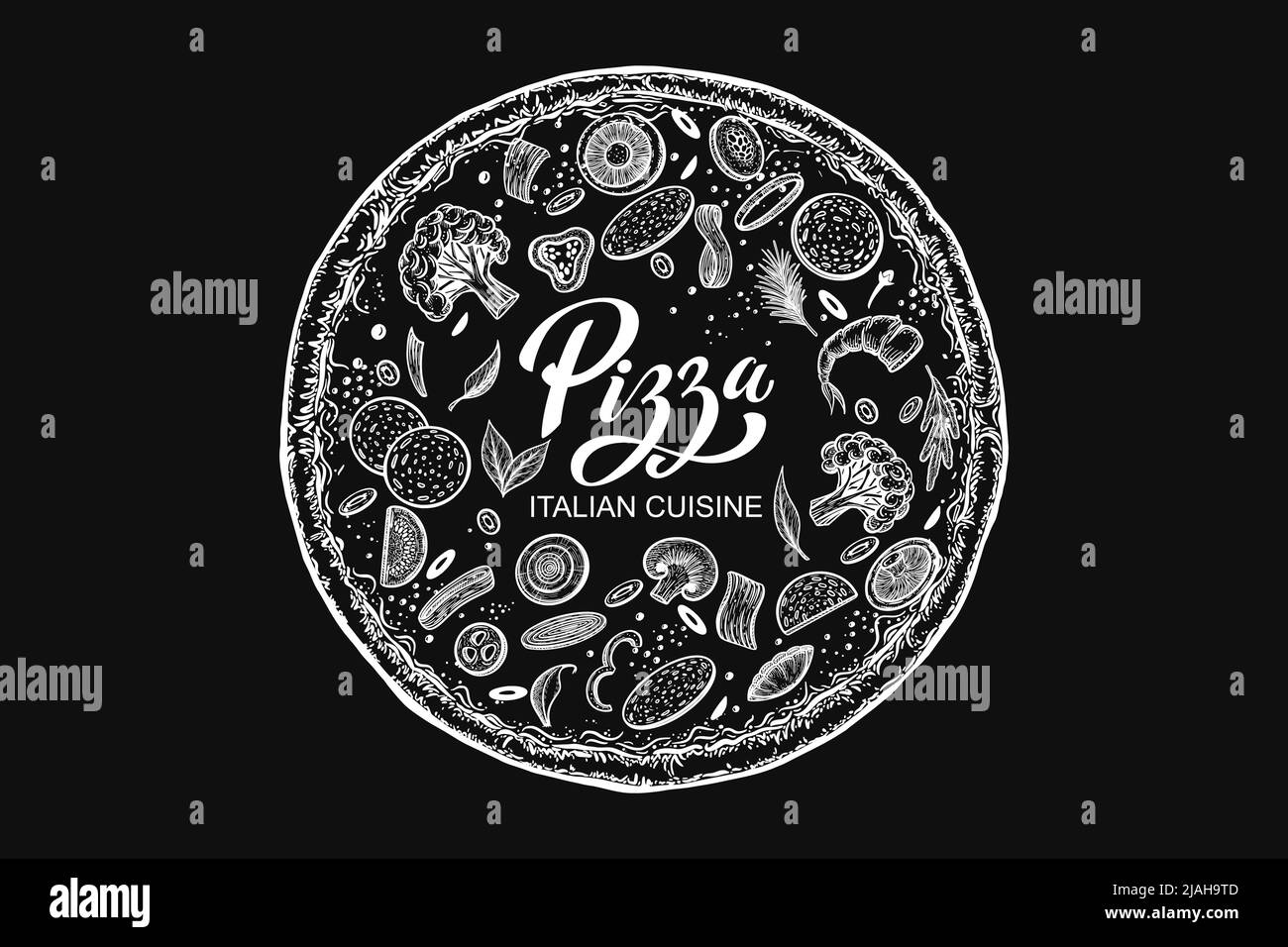 Pizza e ingredienti. Modello di menu pizzeria disegnato a mano. Set di prodotti della cucina italiana. Illustrazione vettoriale Illustrazione Vettoriale
